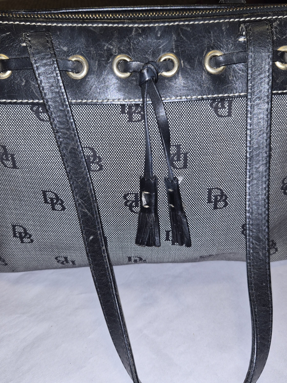 Vintage Dooney & Bourke Y2K Black DB Monogram Canvas & Leather Tassel Tote